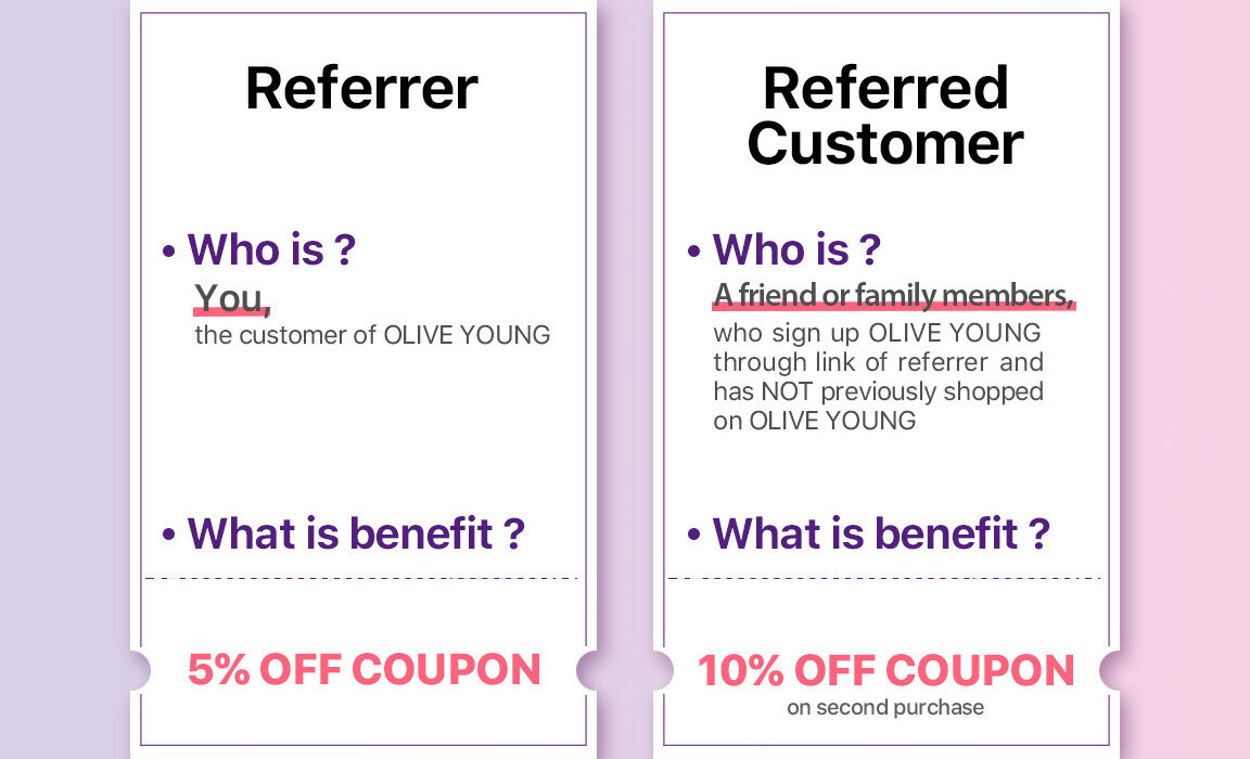 Referrer Who is? You, the customer of OLIVE YOUNG What is benefit? 5% OFF COUPON, Referred Customer Who is? A friend or family members, who sign up OLIVE YOUNG through link of referrer and has NOT previously shopped on OLIVE YOUNG What is benefit? 10% OFF COUPON on second purchase