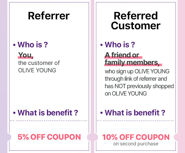 Referrer Who is? You, the customer of OLIVE YOUNG What is benefit? 5% OFF COUPON, Referred Customer Who is? A friend or family members, who sign up OLIVE YOUNG through link of referrer and has NOT previously shopped on OLIVE YOUNG What is benefit? 10% OFF COUPON on second purchase