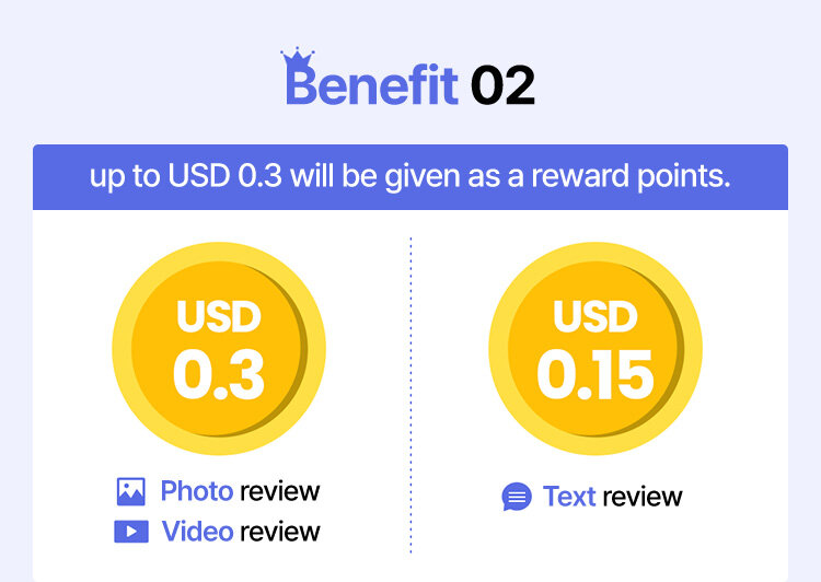 Benefit 02 up to USD 0.3 will be given as a reward points. Photo review or Video review USD 0.3 Text review USD 0.15