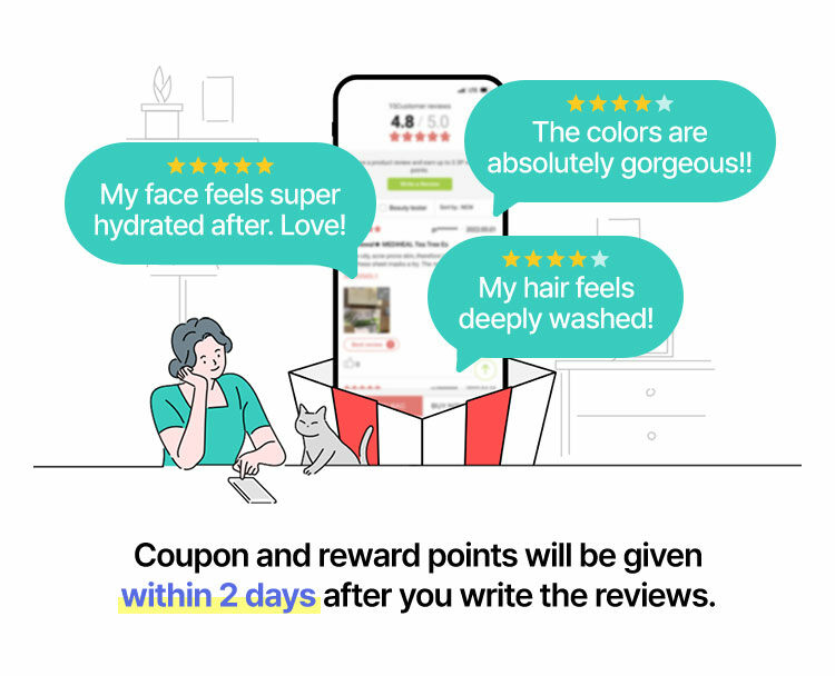 Coupon and reward points will be given within 2 days after you write the reviews.